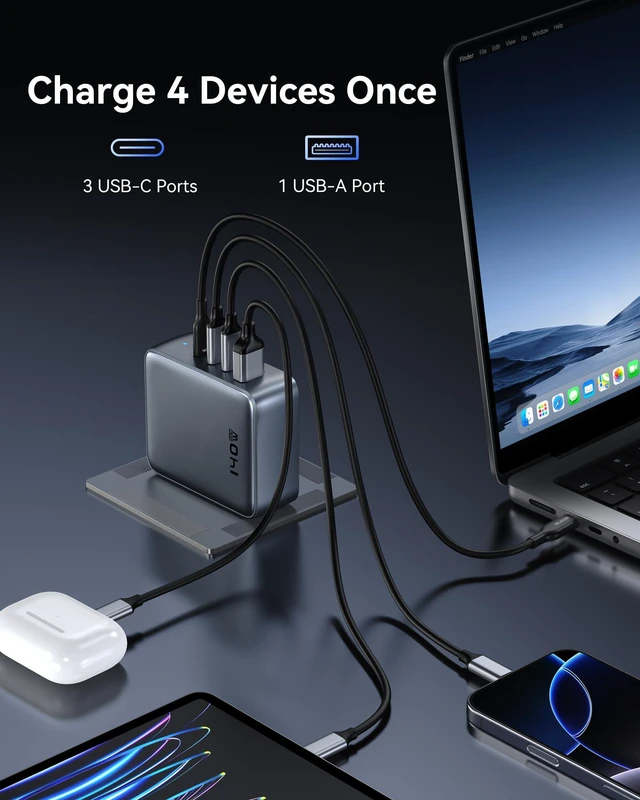 Alt view image 3 of 7 - 140W USB C Charger Block, 4-Port GaN PD3.1 PPS Fast Laptop MacBook Adapter | Foldable Compact Plug, Fits MacBook Pro, iPhone 17/16/15 Series/iPad, Galaxy S25/S24, Steam Deck/Google Pixel