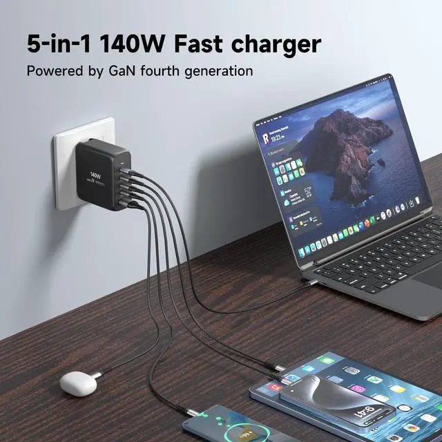 Alt view image 3 of 6 - 140W USB C Wall Charger Fast Charging Station, 5-Ports with 4 USB-C Ports +1 USB-A Ports PD & QC 3.0 Fast Charging, Adapter for MacBook Pro/Air,iPhone 17/16/Pro/Samsung Galaxy and More