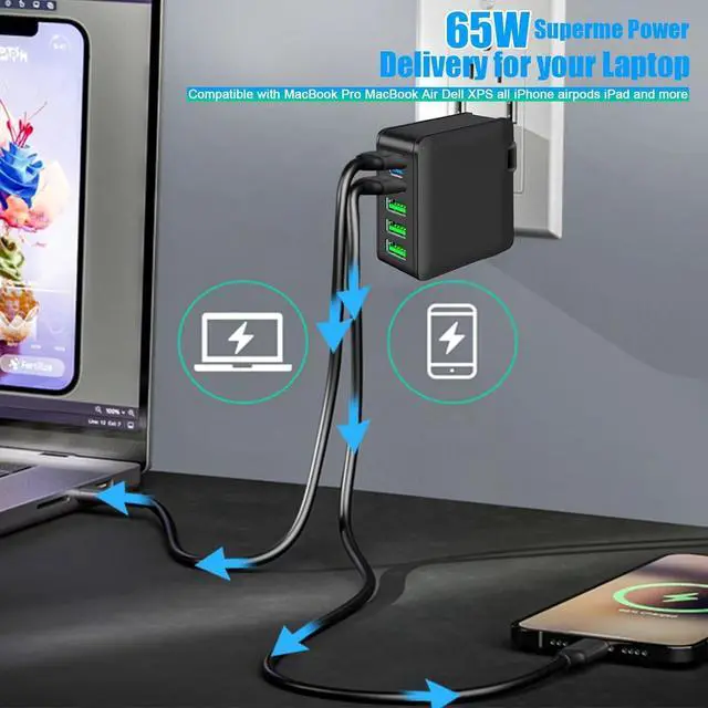 Alt view image 3 of 7 - USB C Charger, 160W Fast GaN Compact Foldable Rapid Plug 6 Multiple Port PD Charging Station Laptop Power Adapter for MacBook Pro/Air and iPad Pro iPhone15/14/13. Galaxy Note20 S22 Pixel