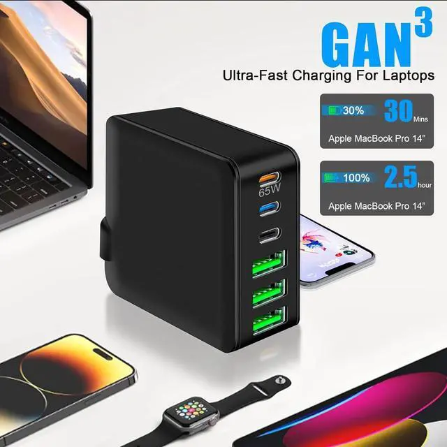 Alt view image 5 of 7 - USB C Charger, 160W Fast GaN Compact Foldable Rapid Plug 6 Multiple Port PD Charging Station Laptop Power Adapter for MacBook Pro/Air and iPad Pro iPhone15/14/13. Galaxy Note20 S22 Pixel