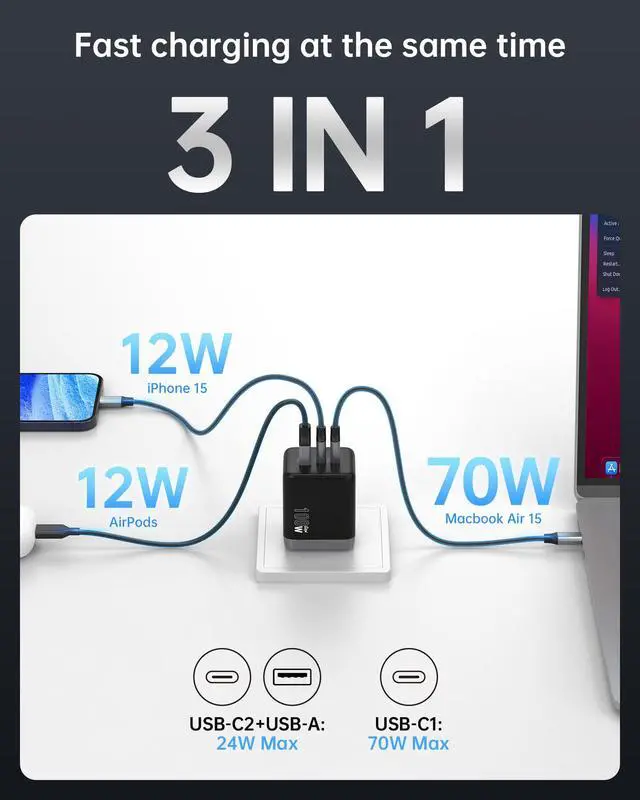 Alt view image 2 of 7 - 100W USB C Charger Block (GaN III), 3-Port Fast Charging Wall Charger | Foldable Compact Wall Charger for MacBook Pro/Air, Dell XPS 13, iPad Pro, Galaxy S24/S23, iPhone 16/15 Pro and More