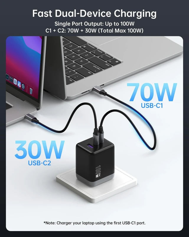 Alt view image 4 of 7 - 100W USB C Charger Block (GaN III), 3-Port Fast Charging Wall Charger Foldable Compact Wall Charger for MacBook Pro/Air, Dell XPS 13, iPad Pro, Galaxy S24/S23, iPhone 16/15 Pro and More