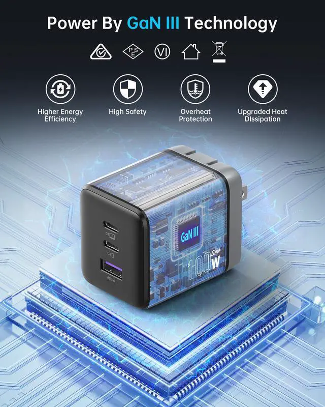 Alt view image 5 of 7 - 100W USB C Charger Block (GaN III), 3-Port Fast Charging Wall Charger | Foldable Compact Wall Charger for MacBook Pro/Air, Dell XPS 13, iPad Pro, Galaxy S24/S23, iPhone 16/15 Pro and More
