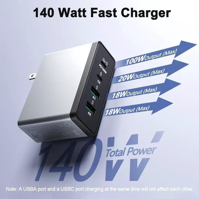 Alt view image 3 of 7 - 140W USB C Charger, GaN Laptop Charger PD3.0 PPS Wall Charger 4 Port mit 2M Cable Fast Charging Compatible with MacBook Pro/Air/Dell/iPhone/Galaxy/Laptop/Tablet/Mobile