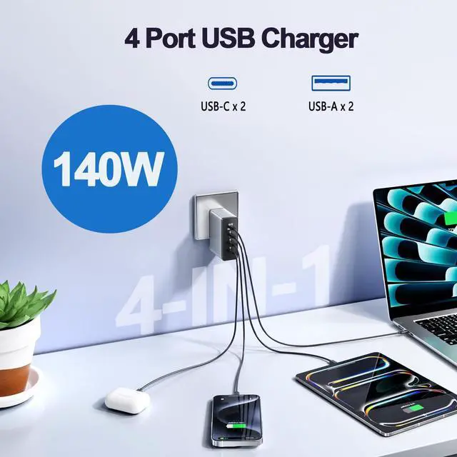 Alt view image 4 of 7 - 140W USB C Charger, GaN Laptop Charger PD3.0 PPS Wall Charger 4 Port mit 2M Cable Fast Charging Compatible with MacBook Pro/Air/Dell/iPhone/Galaxy/Laptop/Tablet/Mobile