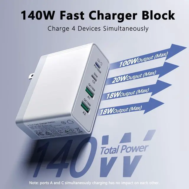 Alt view image 3 of 7 - USB C Charger 140W GaN, 100W Laptop Power Adapter Fast Charger Block, 4-Port Charging Station USB C Power Adapte Compatible with MacBook Pro/Air/iPad Pro/iPhone 15/16/Galaxy S23/S24/Dell