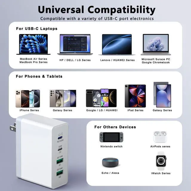 Alt view image 2 of 7 - USB C Charger 140W GaN, 100W Laptop Power Adapter Fast Charger Block, 4-Port Charging Station USB C Power Adapte Compatible with MacBook Pro/Air/iPad Pro/iPhone 15/16/Galaxy S23/S24/Dell