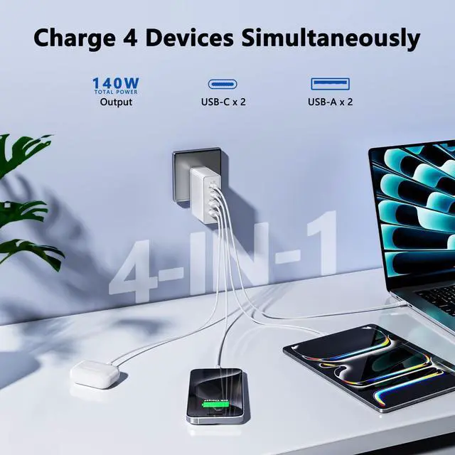 Alt view image 4 of 7 - USB C Charger 140W GaN, 100W Laptop Power Adapter Fast Charger Block, 4-Port Charging Station USB C Power Adapte Compatible with MacBook Pro/Air/iPad Pro/iPhone 15/16/Galaxy S23/S24/Dell