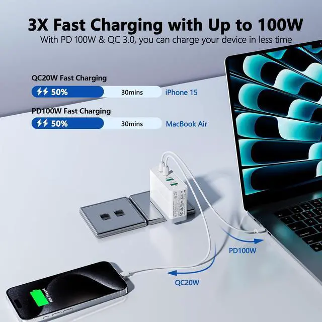 Alt view image 7 of 7 - USB C Charger 140W GaN, 100W Laptop Power Adapter Fast Charger Block, 4-Port Charging Station USB C Power Adapte Compatible with MacBook Pro/Air/iPad Pro/iPhone 15/16/Galaxy S23/S24/Dell