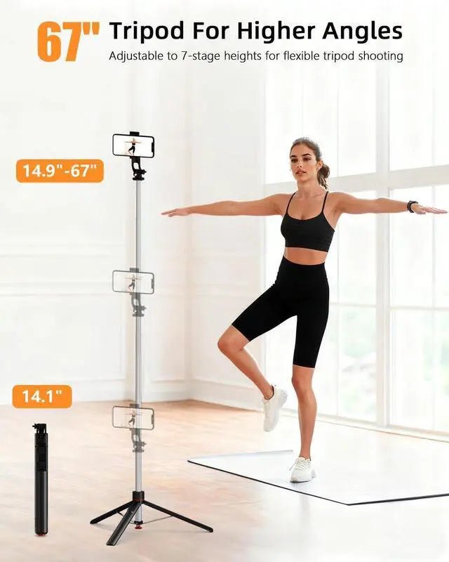 Alt view image 6 of 7 - 67" Camera Tripod & Phone Selfie Stick, Lightweight Portable Travel Tripod Stand with Wireless Remote, Auto Pop Open Tripod,Compatible with Phone/iPhone/Camera for Photography & Vlogging