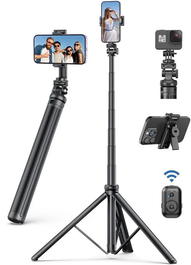 Main image of 75" Phone Tripod, Selfie Stick with Remote and Phone Holder, Extendable Tripod for iPhone, Aluminum Cellphone TripodStand 360° Rotation Travel Tripods Compatible with iPhone Android, GoPro