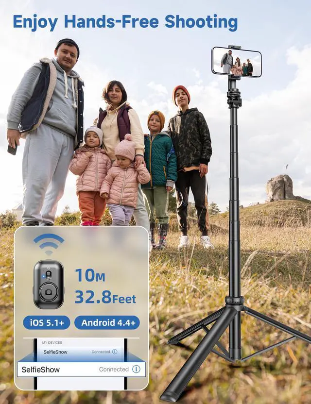 Alt view image 4 of 7 - 75" Phone Tripod, Selfie Stick with Remote and Phone Holder, Extendable Tripod for iPhone, Aluminum Cellphone TripodStand 360° Rotation Travel Tripods Compatible with iPhone Android, GoPro