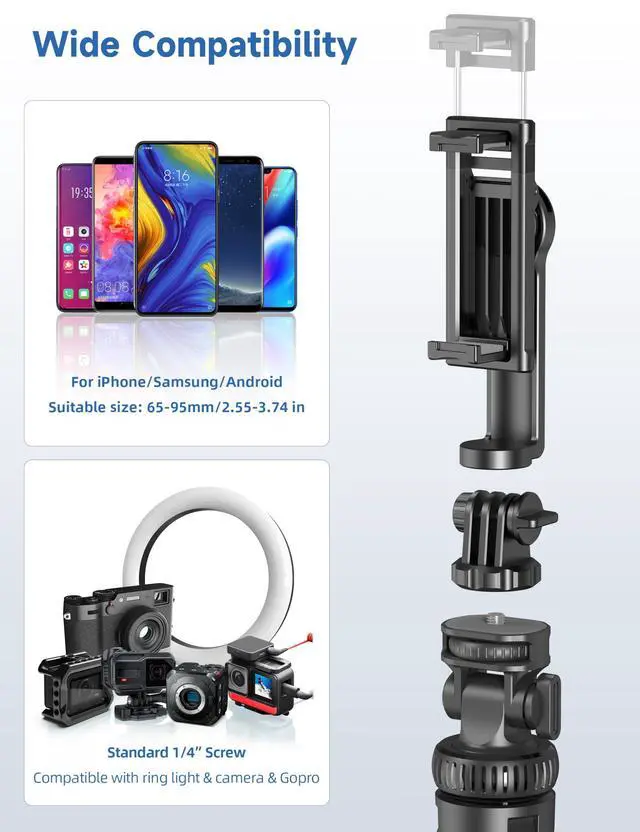 Alt view image 5 of 7 - 75" Phone Tripod, Selfie Stick with Remote and Phone Holder, Extendable Tripod for iPhone, Aluminum Cellphone TripodStand 360° Rotation Travel Tripods Compatible with iPhone Android, GoPro