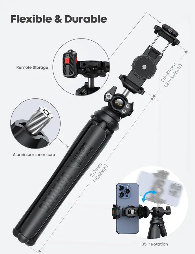 Alt view image 4 of 6 - Tripod for Camera - 3 in 1 Flexible Tripod for iPhone with Wireless Remote - iPhone Stand for Video Recording Vlogging Compatible with Smartphone, Small Digital Camera Dark Grey