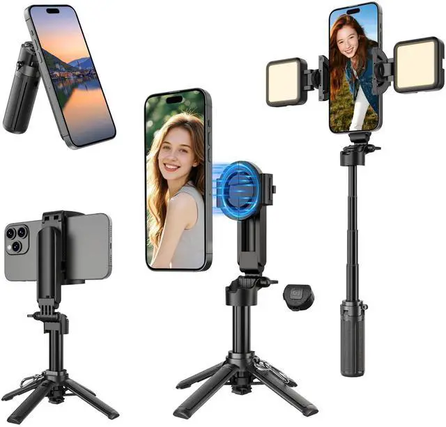 Main image of 14.5" Mini Magnetic Tripod for iPhone with Light, Selfie Stick with Remote for MagSafe, Portable Pocket Size Selfie Stick, Small/Compact Cell Phone Tripod Stand for Recording, Travel Vlogging-Black