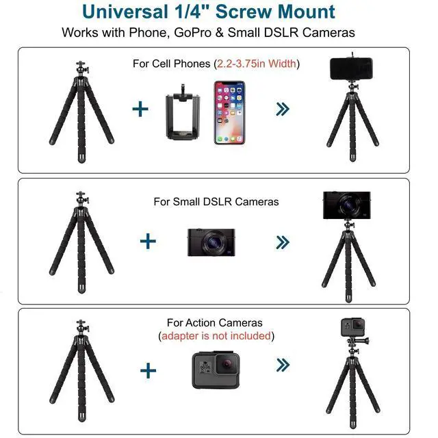 Alt view image 4 of 6 - Flexible Tripod with Wireless Remote, Portable Mini Phone Tripod for iPhone Android, GoPro & Small DSLR Cameras, Metal & Rubber Coating, Ideal for Travel Vlogging Selfies