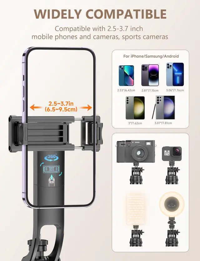 Alt view image 4 of 7 - 71" Selfie Stick Tripod, All in One Quadripod with Remote & Phone Holder, Extendable Cell Phone Tripod, Travel Tripod Stand Compatible with for Cell Phone & Camera, iPhone, Android,Video Recording