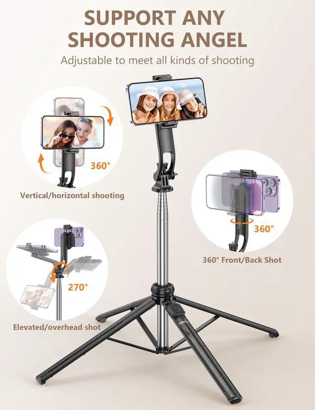 Alt view image 5 of 7 - 71" Selfie Stick Tripod, All in One Quadripod with Remote & Phone Holder, Extendable Cell Phone Tripod, Travel Tripod Stand Compatible with for Cell Phone & Camera, iPhone, Android,Video Recording
