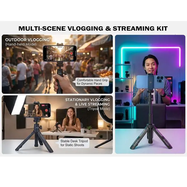 Alt view image 3 of 7 - Ruittos Phone Tripod Stand and Selfie Stick for iPhone, Webcam, Desktop, Sony, Canon G7x Camera, Go Pro, Travel 11.5inch Tripod Compatible DJI osmo Pocket 3, 2