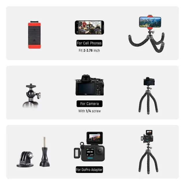 Alt view image 3 of 6 - Octopus Phone Holder Portable Flexible Cell Phone Tripod, Mini Travel Camera Stand, Compatible with iPhone, Android, GoPro, Black(ATAY-11-1)