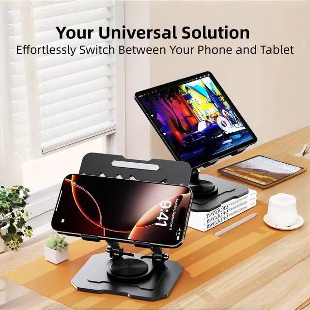 Alt view image 3 of 6 - Ultra-Stable 360° Rotatable Metal Tablet Stand, Adjustable Folding Desktop Stand for iPad/iPhone/Switch, Universal Use for Office/Movie/Studying/Drawing/Gaming, Silver