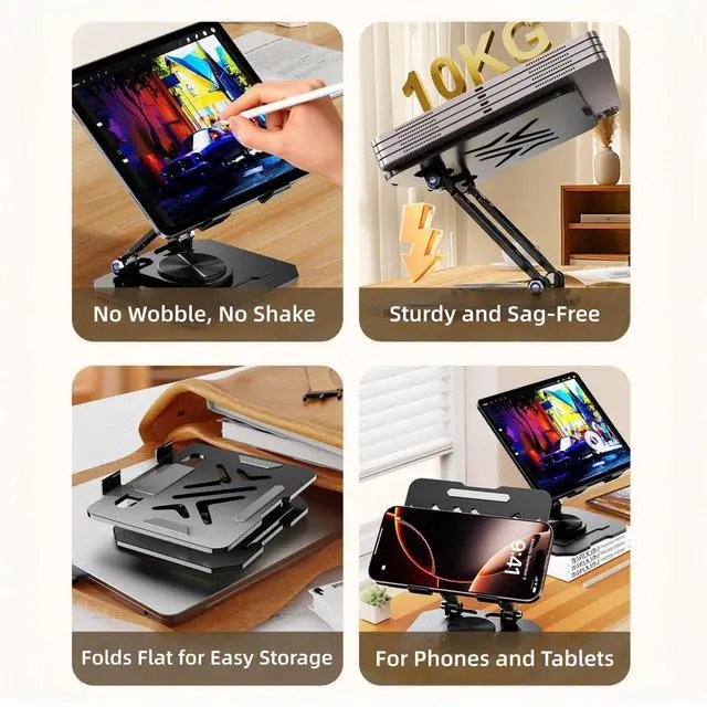 Alt view image 2 of 6 - Ultra-Stable 360° Rotatable Metal Tablet Stand, Adjustable Folding Desktop Stand for iPad/iPhone/Switch, Universal Use for Office/Movie/Studying/Drawing/Gaming, Silver