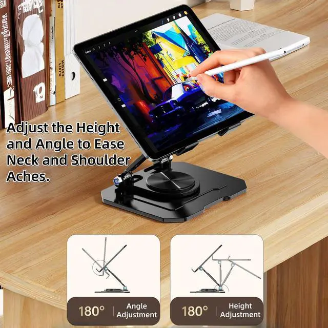 Alt view image 6 of 6 - Ultra-Stable 360° Rotatable Metal Tablet Stand, Adjustable Folding Desktop Stand for iPad/iPhone/Switch, Universal Use for Office/Movie/Studying/Drawing/Gaming, Silver