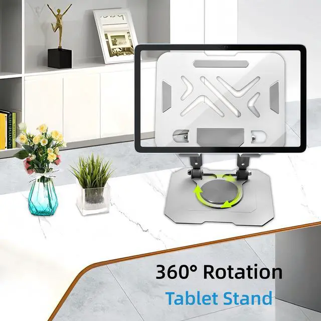 Main image of Ultra-Stable 360° Rotatable Metal Tablet Stand, Adjustable Folding Desktop Stand for iPad/iPhone/Switch, Universal Use for Office/Movie/Studying/Drawing/Gaming, Silver