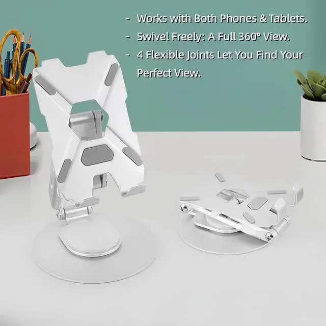 Alt view image 2 of 7 - All-Metal Cell Phone Stand 360° Rotatable & Height Adjustable - 25KG Super Load-Bearing, Foldable Desk Stand for Phone, Compatible with iPhone 17/16/15/14, Kindle eBook, Silver