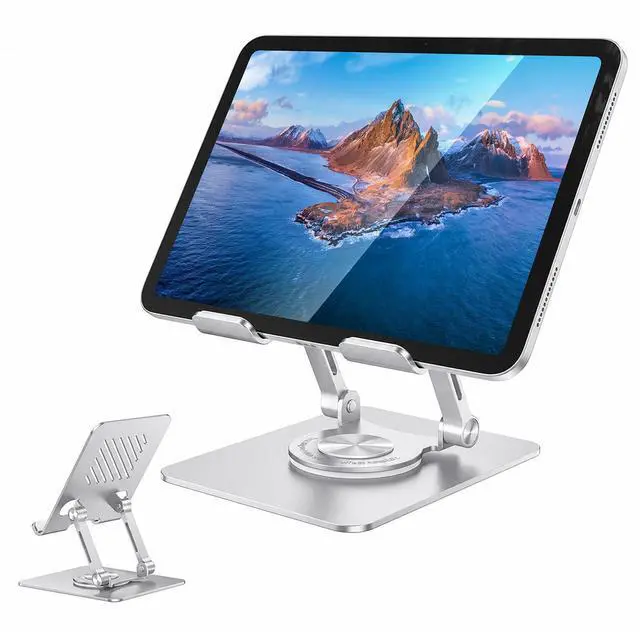 Main image of iPad Stand Tablet Stand for Desk, 360° Rotating Aluminum Foldable Holder Stand, Portable Monitor Stand for 4.7-12.9" iPad Pro/Air/Mini, Kindle, Galaxy Tab (Silver)