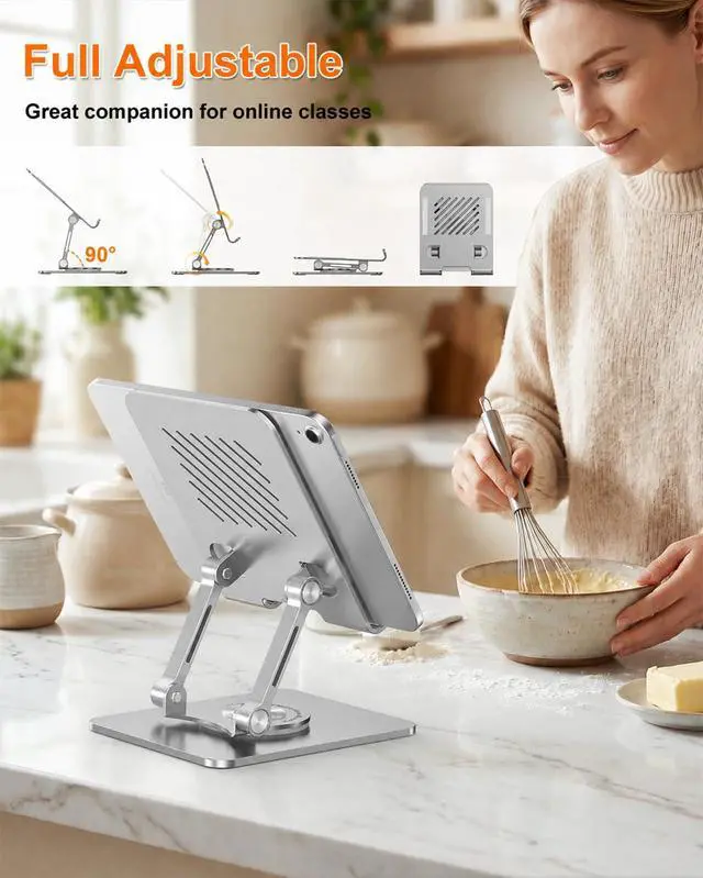 Alt view image 3 of 6 - iPad Stand Tablet Stand for Desk, 360° Rotating Aluminum Foldable Holder Stand, Portable Monitor Stand for 4.7-12.9" iPad Pro/Air/Mini, Kindle, Galaxy Tab (Silver)