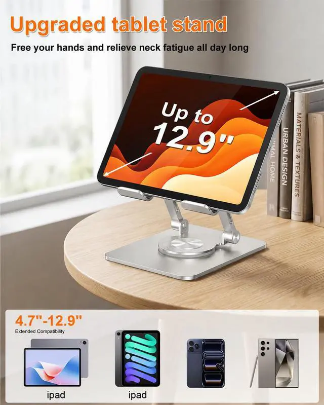 Alt view image 2 of 6 - iPad Stand Tablet Stand for Desk, 360° Rotating Aluminum Foldable Holder Stand, Portable Monitor Stand for 4.7-12.9" iPad Pro/Air/Mini, Kindle, Galaxy Tab (Silver)