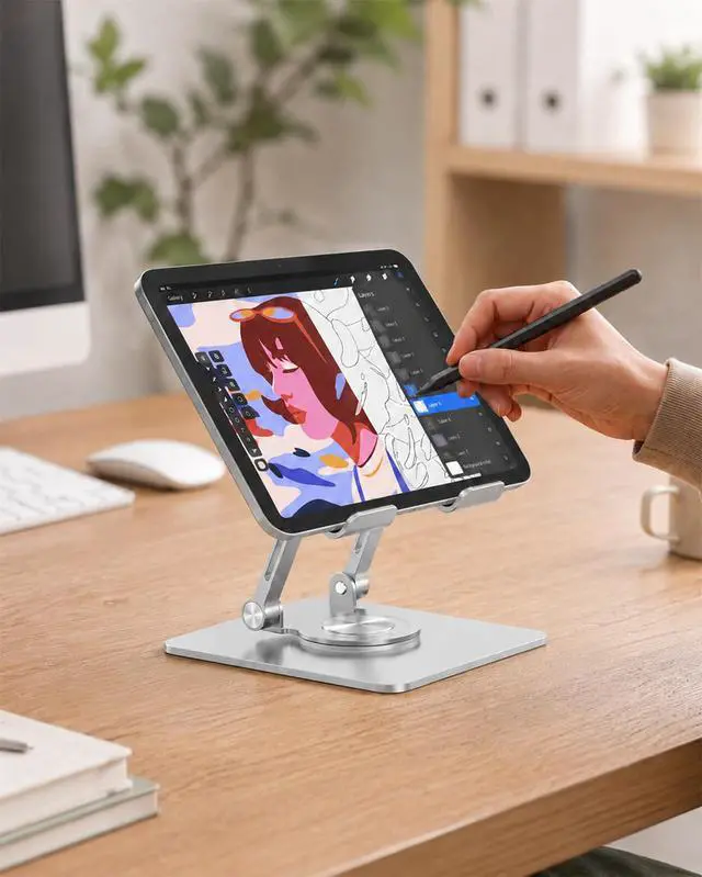 Alt view image 6 of 6 - iPad Stand Tablet Stand for Desk, 360° Rotating Aluminum Foldable Holder Stand, Portable Monitor Stand for 4.7-12.9" iPad Pro/Air/Mini, Kindle, Galaxy Tab (Silver)