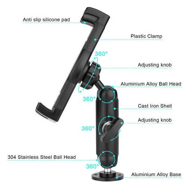 Alt view image 5 of 7 - Aluminum Heavy Duty Drill Base Tablet Holder for Car,Tablet Mount for Truck,Commercial Vehicles,Dashboard,Boat and Wall Compatible with 4"-12.9" iPad Pro/Mini/Galaxy Tab//Phones,Large Case Friendly