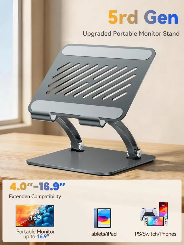 Alt view image 2 of 6 - Tablet Holder Stand, Dual Rod Adjustable Aluminum Desktop Stand, Compatible with 4.7-16.9" iPads, Surface Tablets, Portable Monitors, Kindle & More (Gray)