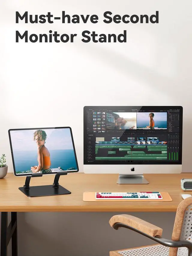 Alt view image 4 of 6 - Tablet Holder Stand, Dual Rod Adjustable Aluminum Desktop Stand, Compatible with 4.7-16.9" iPads, Surface Tablets, Portable Monitor, Kindle and More (Black)