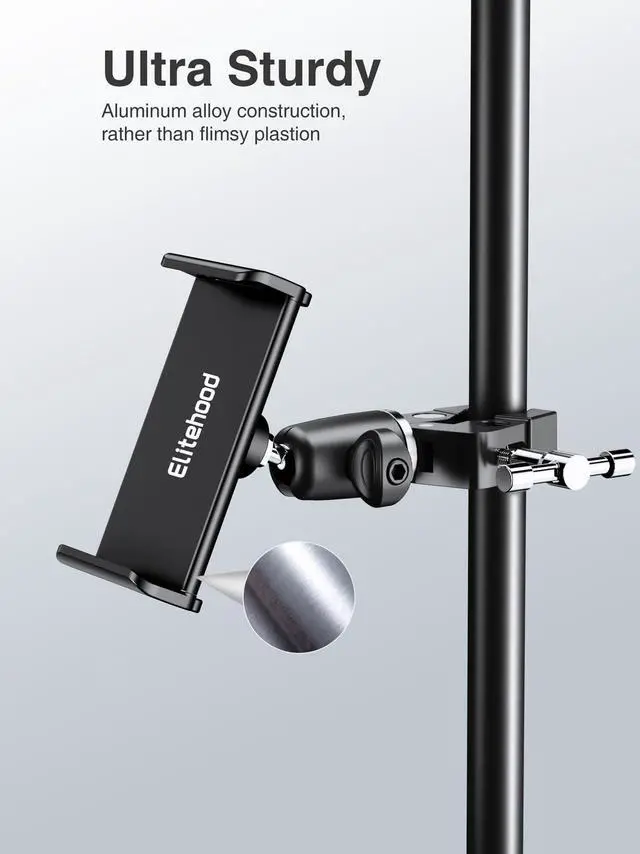 Alt view image 2 of 7 - Metal iPad Holder for Mic Stand, 360° Adjustable Mic Stand Tablet Holder, Aluminum iPad Mount for Music Microphone Stand, Compatible with 4.7-13" Tablets and Cell Phones