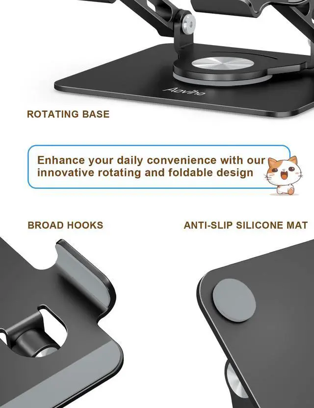 Alt view image 3 of 7 - Tablet Stand 360° Rotating Aluminum Holder, Adjustable, Portable and Foldable Monitors Stand for iPads, Compatible with 4-12.9" Tablets, Ink Black