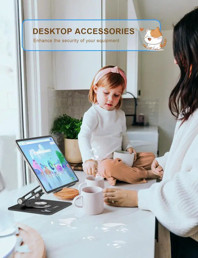 Alt view image 7 of 7 - Tablet Stand 360° Rotating Aluminum Holder, Adjustable, Portable and Foldable Monitors Stand for iPads, Compatible with 4-12.9" Tablets, Ink Black