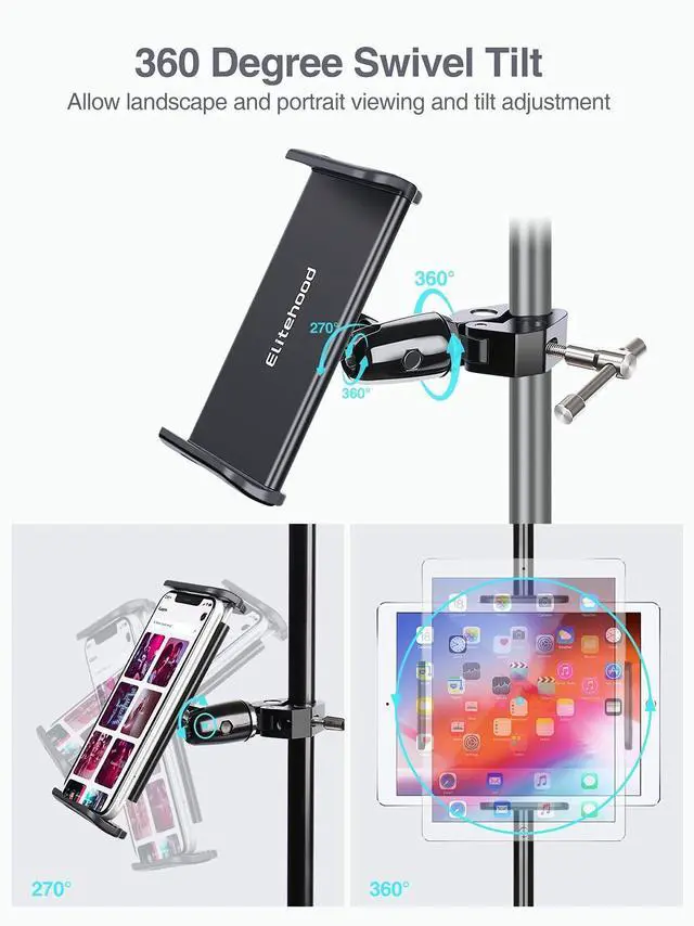 Alt view image 6 of 7 - Metal iPad Holder for Mic Stand, 360° Adjustable Mic Stand Tablet Holder, Aluminum iPad Mount for Music Microphone Stand, Compatible with 4.7-13" Tablets and Cell Phones