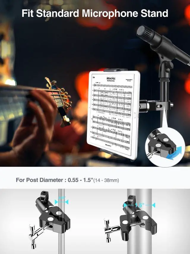 Alt view image 5 of 7 - Metal iPad Holder for Mic Stand, 360° Adjustable Mic Stand Tablet Holder, Aluminum iPad Mount for Music Microphone Stand, Compatible with 4.7-13" Tablets and Cell Phones