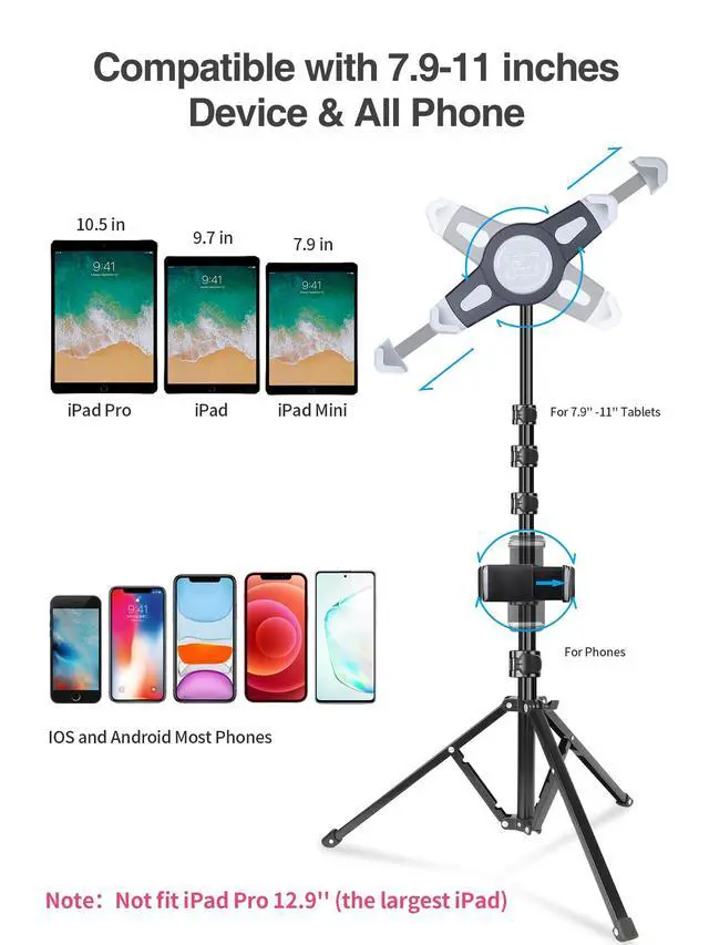 Alt view image 3 of 7 - iPad Tripod Stand, Aluminum Alloy iPad Stand, 360 Rotation Adjustable Height iPad Stand Holder for Floor, Universal Compatible with All 7.9-11 Inch Tablet