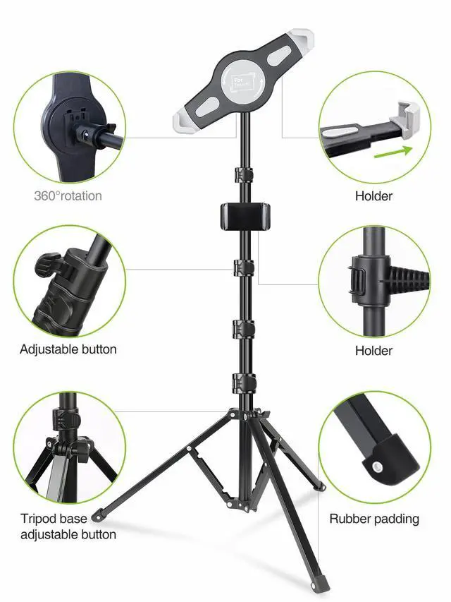 Alt view image 6 of 7 - iPad Tripod Stand, Aluminum Alloy iPad Stand, 360 Rotation Adjustable Height iPad Stand Holder for Floor, Universal Compatible with All 7.9-11 Inch Tablet