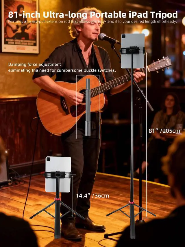 Alt view image 2 of 6 - Portable 81" iPad Tripod Stand, Extendable Aluminum Alloy Travel Tablet Tripod Holder, Compatible with iPad Pro, iPhone, Kindle & All 4.7-12.9" TabletsExtendable Height: 14.4" to 81"