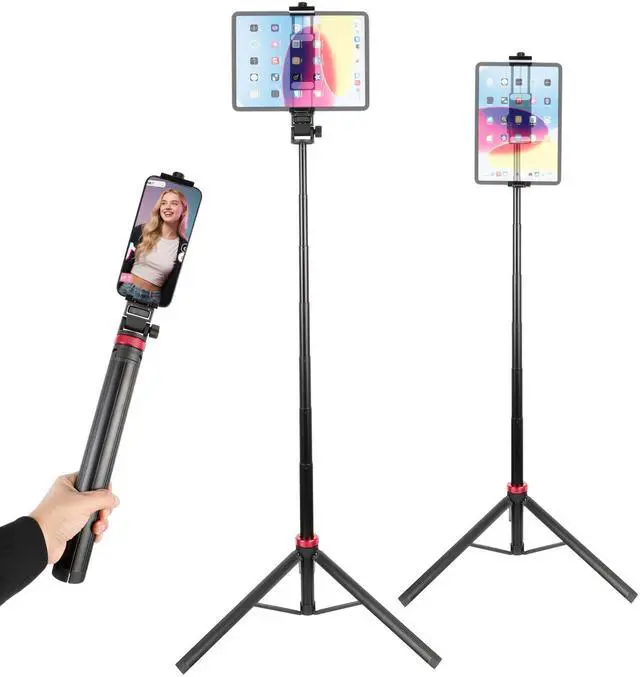 Main image of Portable 81" iPad Tripod Stand, Extendable Aluminum Alloy Travel Tablet Tripod Holder, Compatible with iPad Pro, iPhone, Kindle & All 4.7-12.9" TabletsExtendable Height: 14.4" to 81"