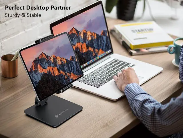 Alt view image 4 of 6 - iPad Holder Stand, Heavy Aluminum Alloy Multi-Angle Foldable Tablet Stand Holder for 4.7''- 13'' Screen Surface Pro Series, iPad Series, Pro, Mini, Air, Samsung Galaxy Tabs and More (Dark Grey)