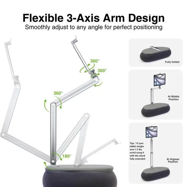 Alt view image 3 of 7 - Tall Tablet Pillow Stand, Long Arm Adjustable Kindle Pillow Holder for Reading in Bed, 360°Rotation iPad Stand for Lap Compatible with 6 - 13 iPad Air Mini Pro iPhone Kindle Cell Phone