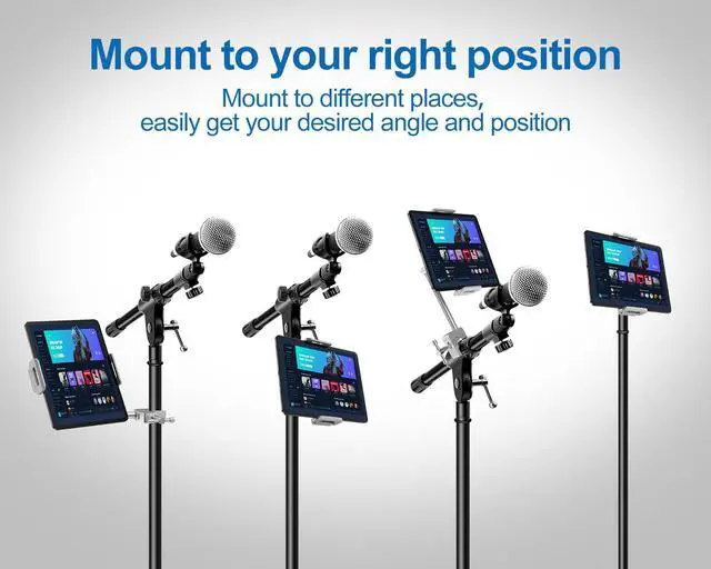 Alt view image 2 of 7 - Aluminum iPad Holder for Mic Stand, Side Mount iPad Music Stand Holder for Microphone, 360° Swivel Tilt Adjustable Mic Tablet Mount for 4-13in iPhone, Cell Phones and Tablets, Sliver