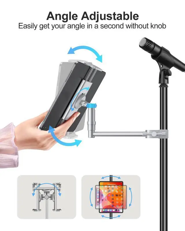 Alt view image 4 of 7 - Aluminum iPad Holder for Mic Stand, Side Mount iPad Music Stand Holder for Microphone, 360° Swivel Tilt Adjustable Mic Tablet Mount for 4-13in iPhone, Cell Phones and Tablets, Sliver