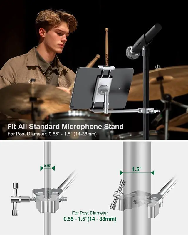Alt view image 6 of 7 - Aluminum iPad Holder for Mic Stand, Side Mount iPad Music Stand Holder for Microphone, 360° Swivel Tilt Adjustable Mic Tablet Mount for 4-13in iPhone, Cell Phones and Tablets, Sliver